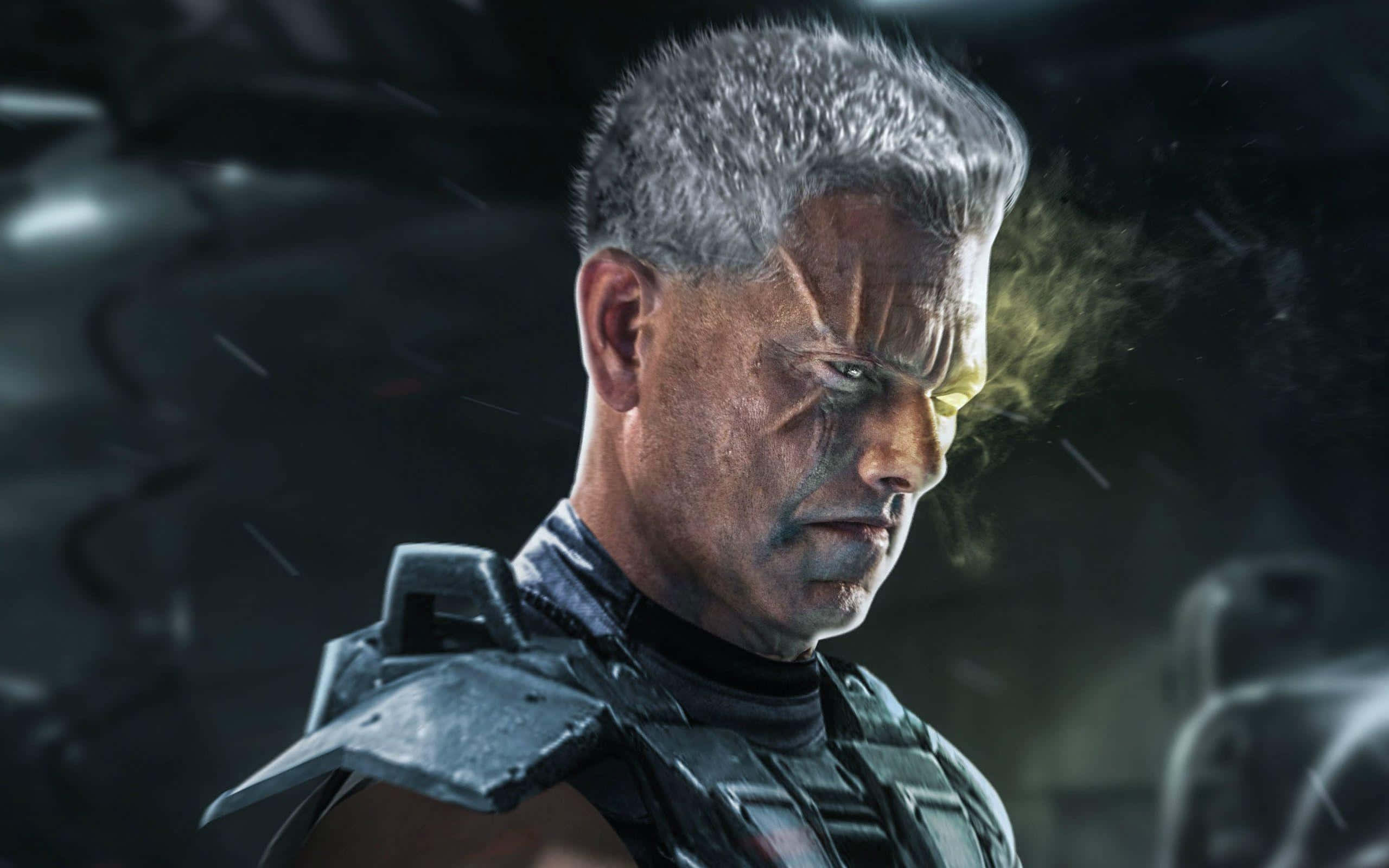 Deadpool 2, gritty close-up, glowing yellow eyes, 2K Desktop Wallpaper