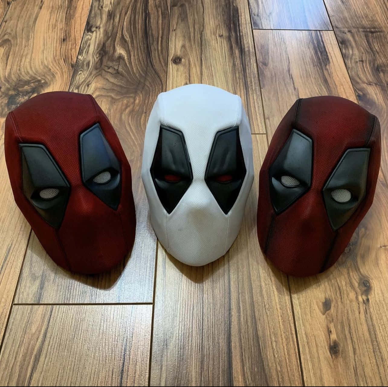Deadpool mask, red and white, wooden floor, HD Desktop Wallpaper
