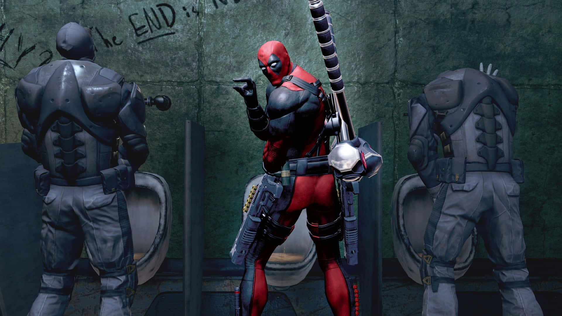 Deadpool, gritty bathroom, armored figures, Full HD Desktop Wallpaper