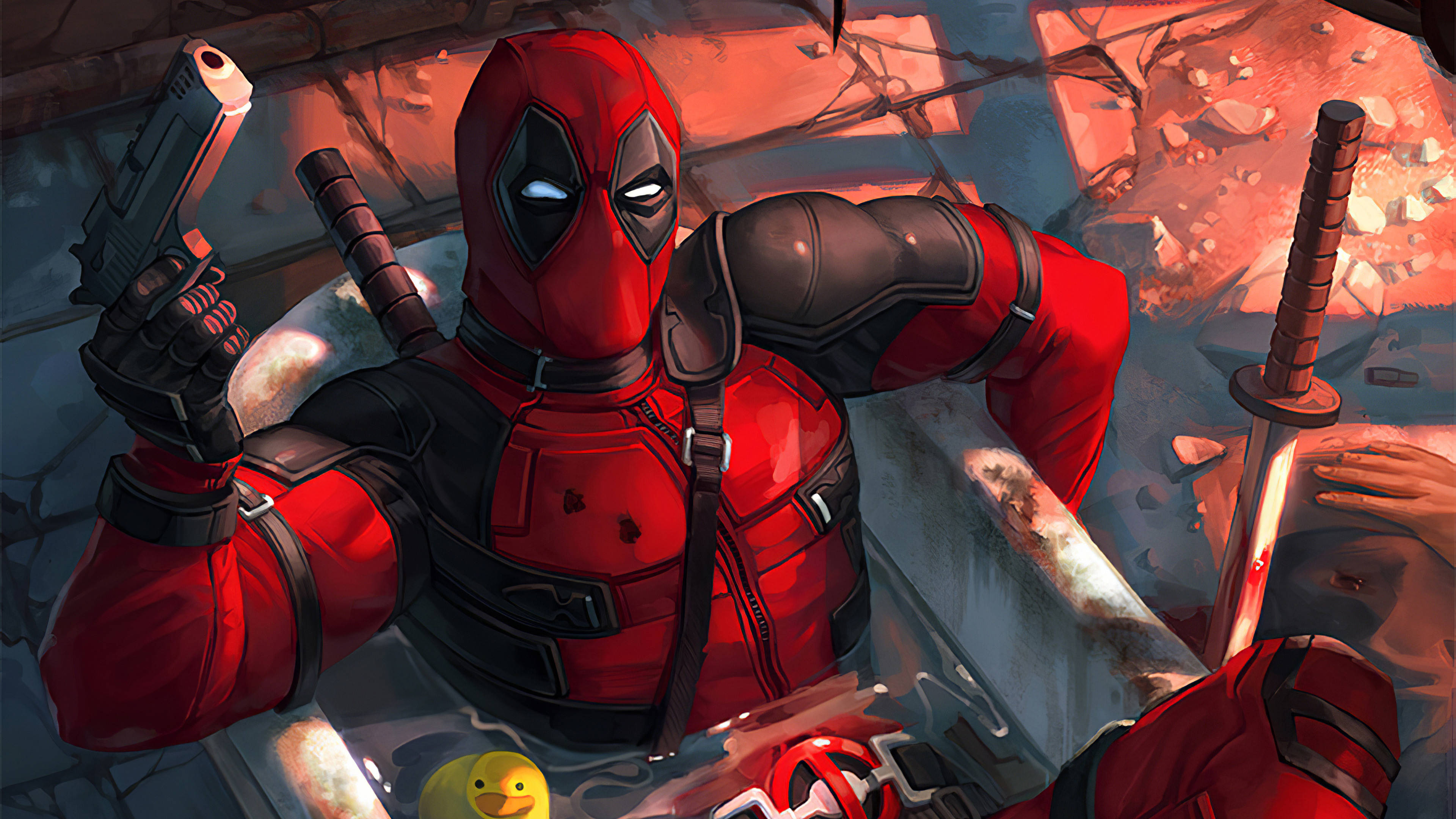 Deadpool, red and black suit, gun, 4K Desktop Wallpaper