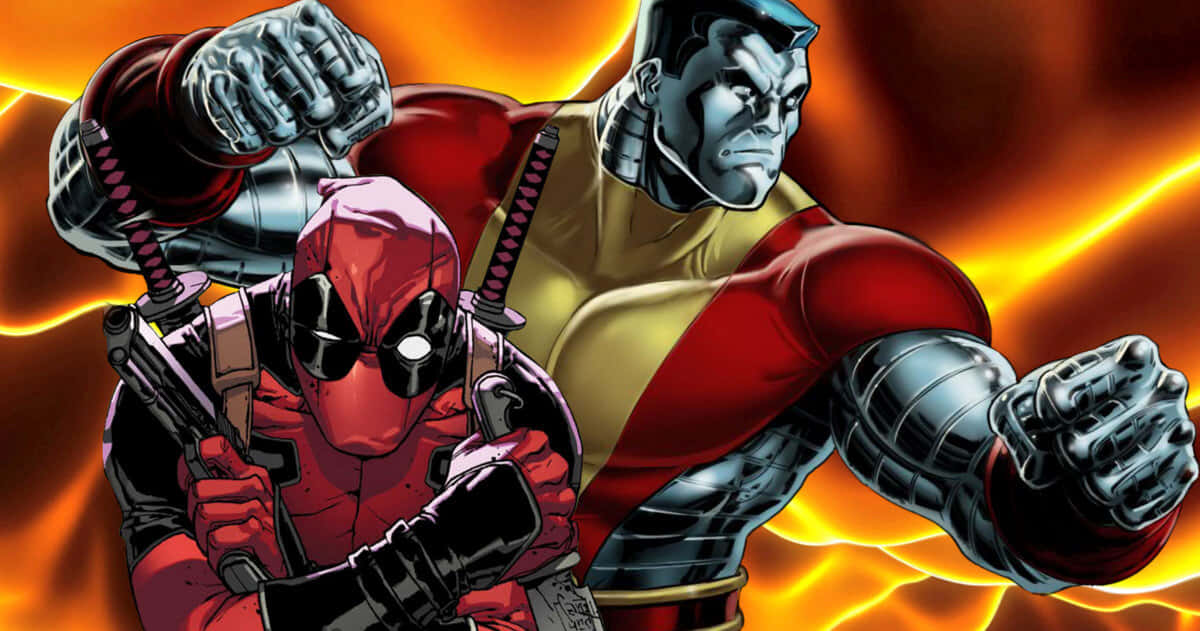 Deadpool, Colossus, fiery orange and yellow background, SD Desktop Wallpaper