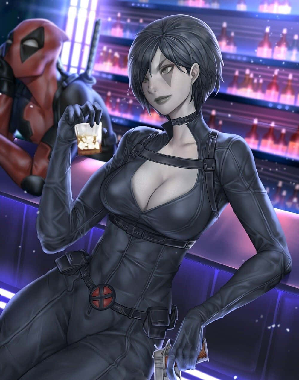 Deadpool, Domino, neon-lit bar, SD Phone Wallpaper