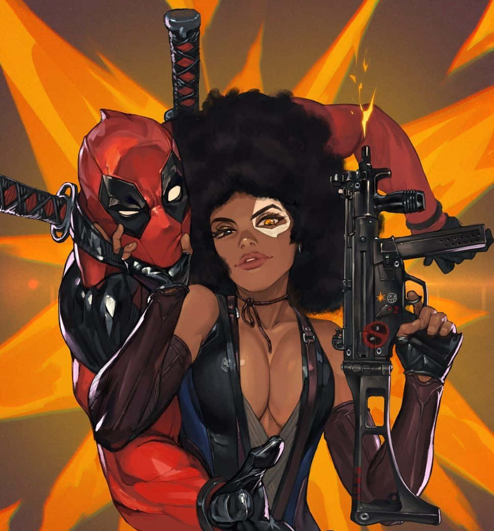 Deadpool, Domino, fiery orange background, SD Phone Wallpaper