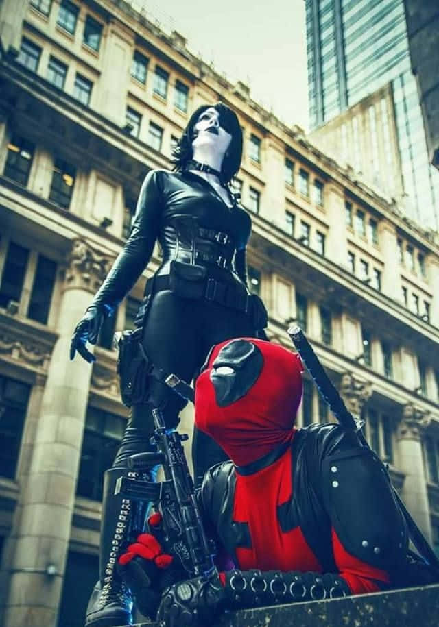 Deadpool and Domino, black leather, red and black, SD Phone Wallpaper
