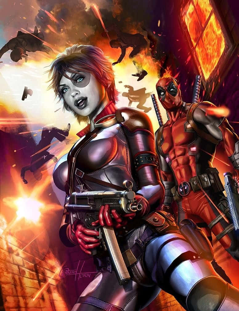 Deadpool, Domino, fiery explosions, SD Phone Wallpaper
