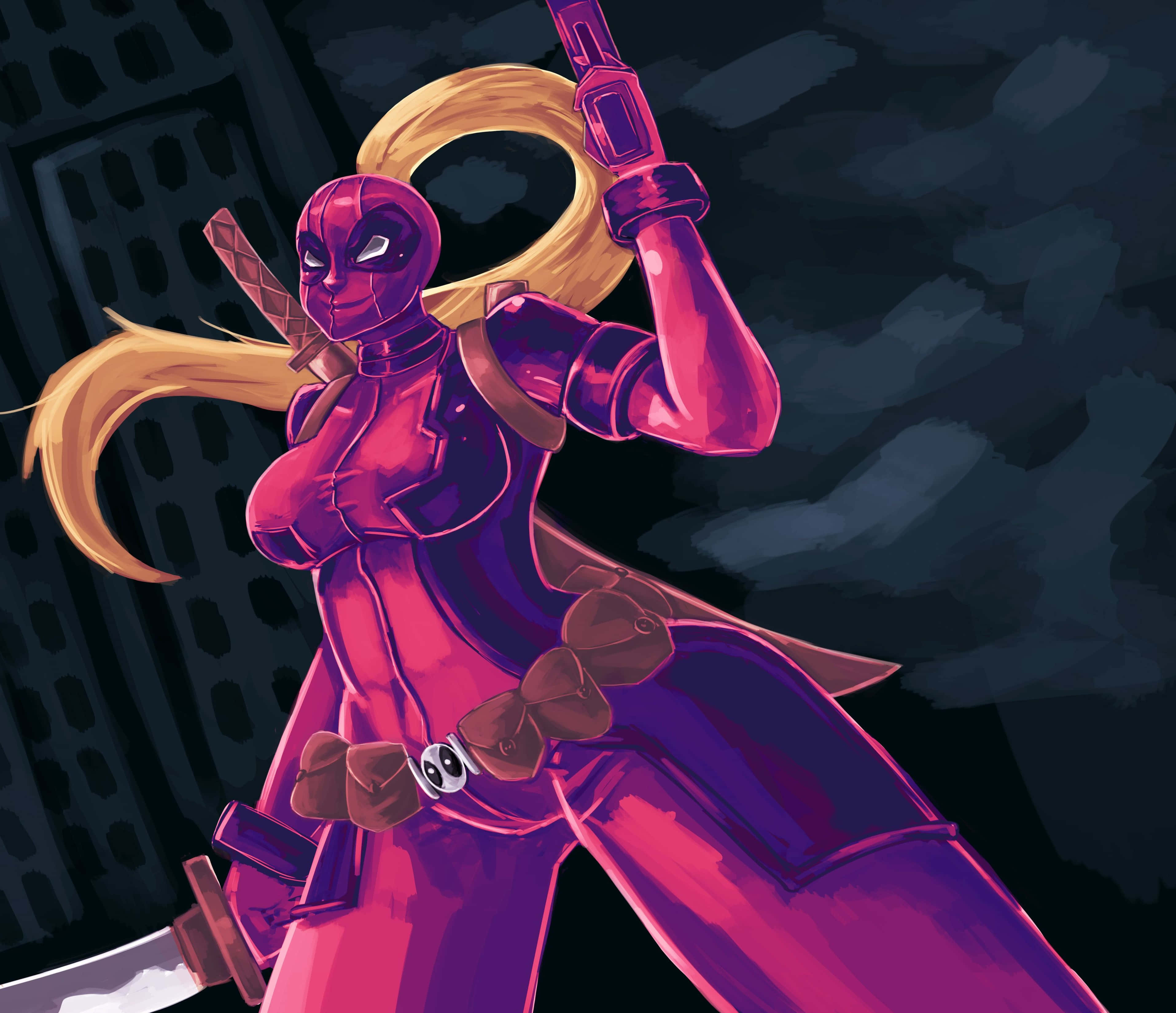 Lady Deadpool, pink-suited, blonde ponytail, 2K Desktop Wallpaper