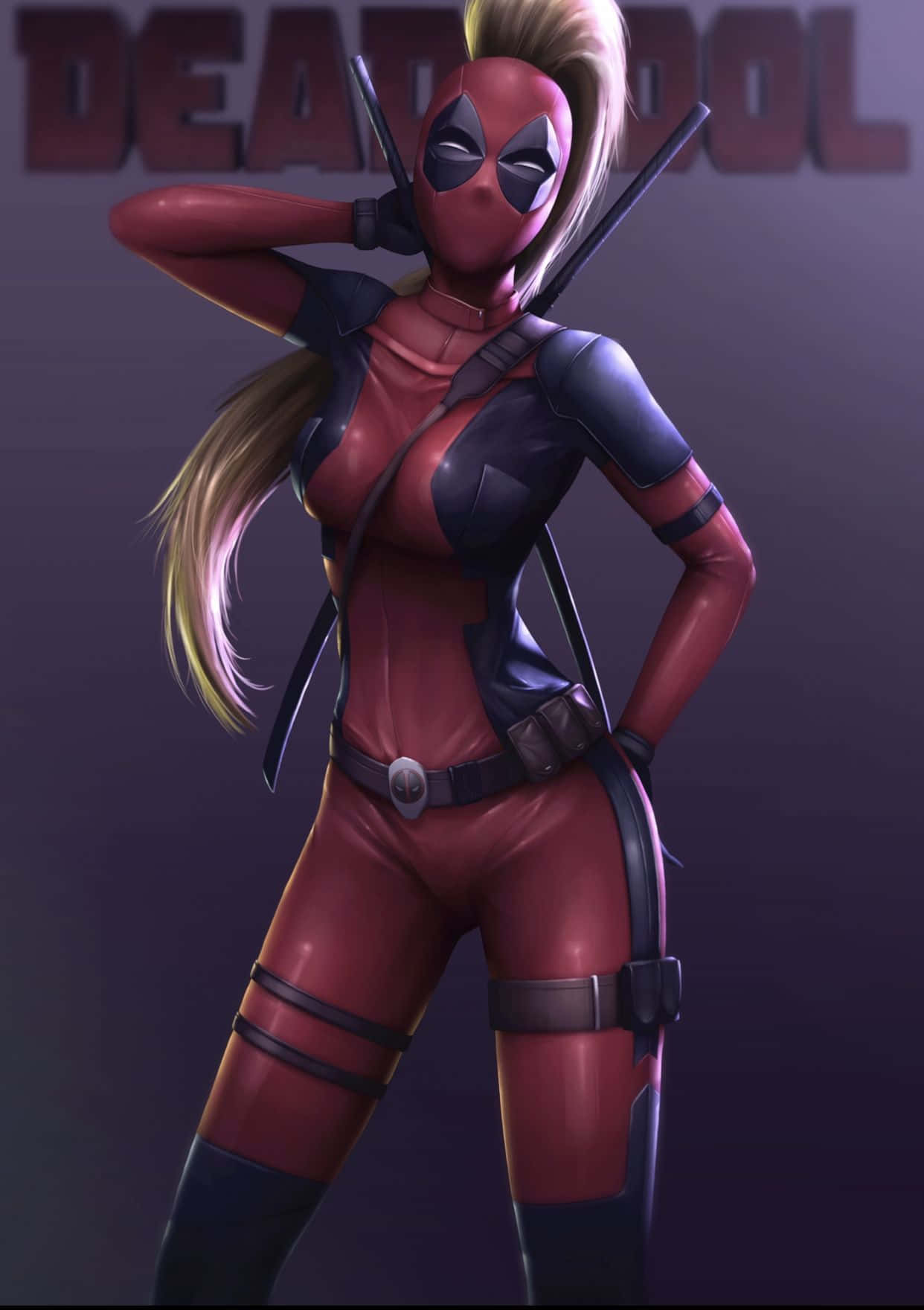 Lady Deadpool, red and black suit, swords on her back, HD Phone Wallpaper