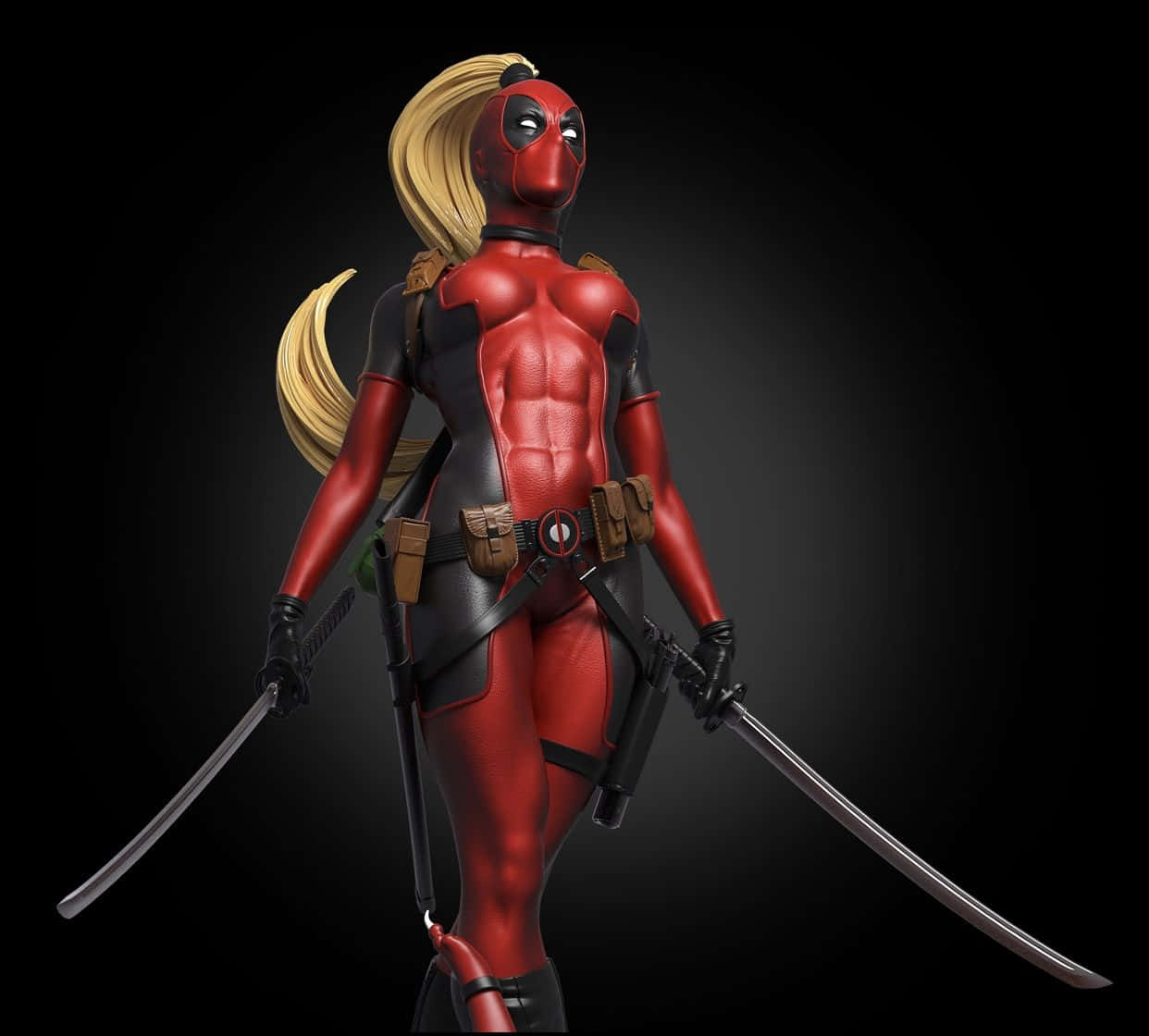 Lady Deadpool, red and black suit, two swords, SD Desktop Wallpaper