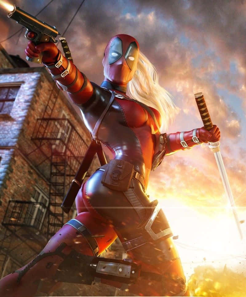 Lady Deadpool, red and black suit, gun, SD Phone Wallpaper