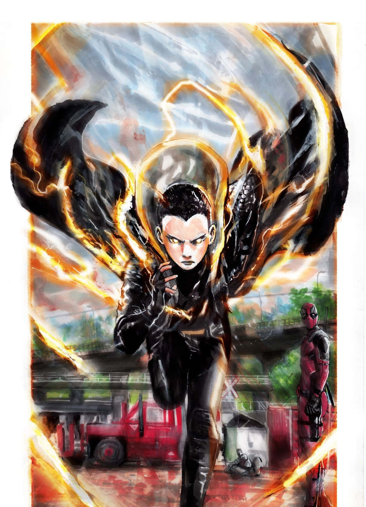 Negasonic Teenage Warhead, glowing wings of fire and smoke, gritty urban setting, HD Phone Wallpaper