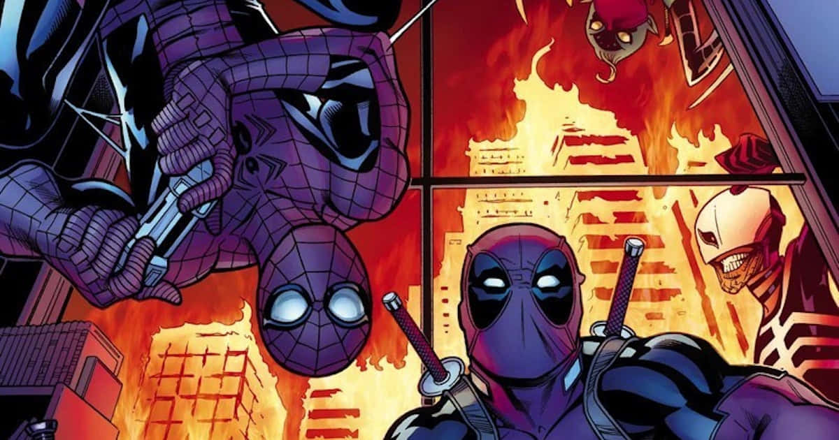 Deadpool, Spiderman, fiery urban chaos, SD Desktop Wallpaper