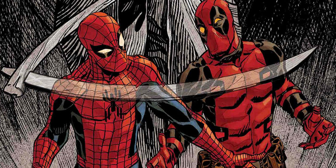Deadpool, Spiderman, crossed swords, HD Desktop Wallpaper