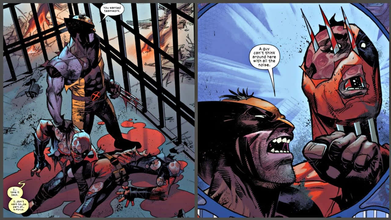 Deadpool, Wolverine, fiery prison cell, HD Desktop Wallpaper