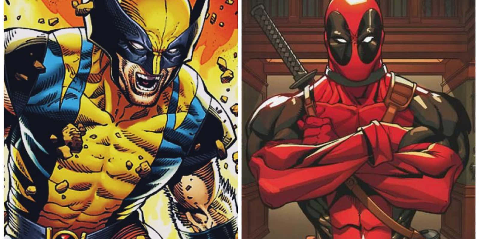 Deadpool, Wolverine, fiery backdrop, HD Desktop Wallpaper