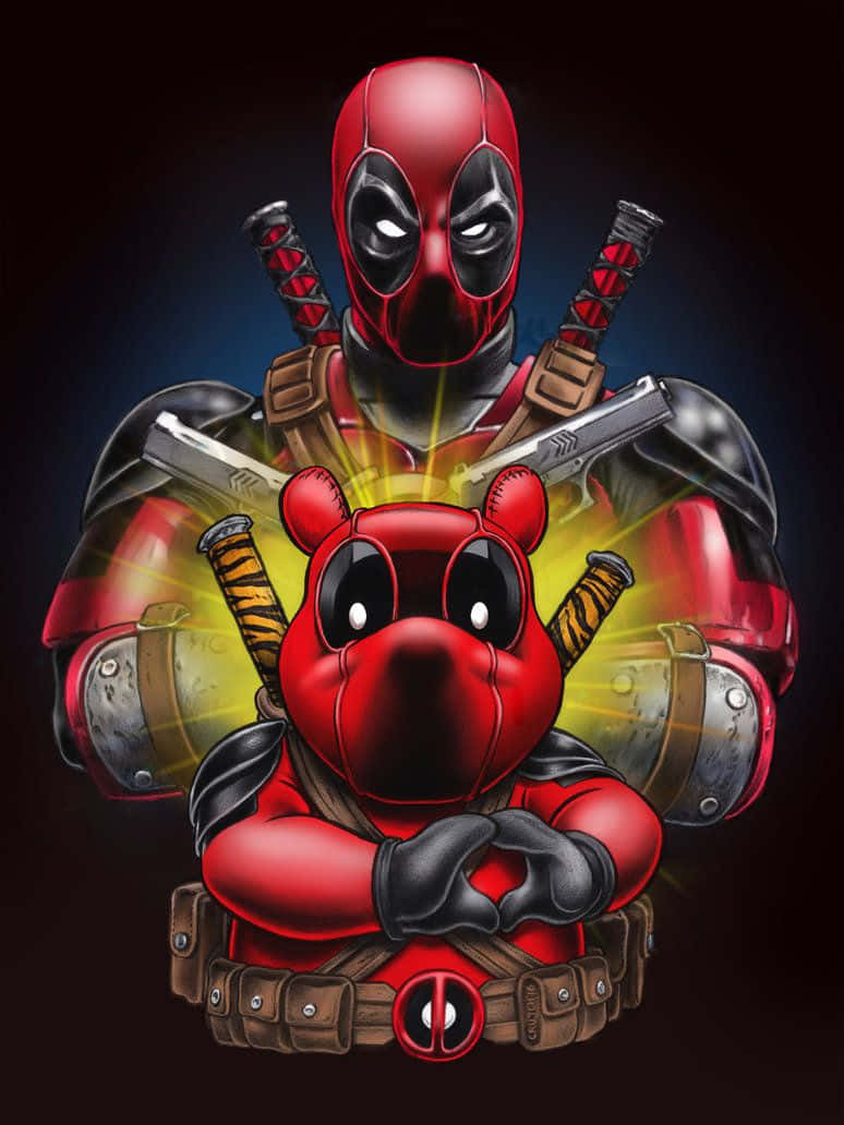 Deadpool, red and black suit, cute red bear head, SD Phone Wallpaper