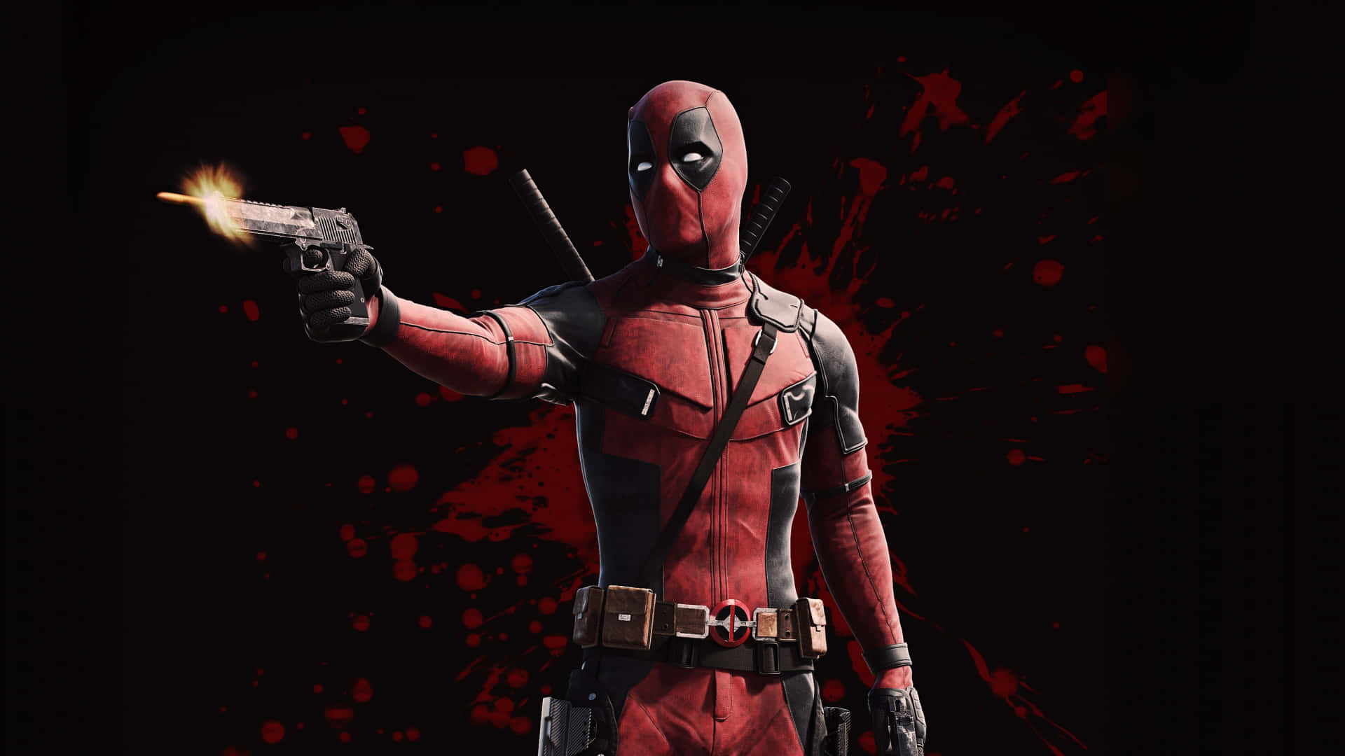 Deadpool, red and black suit, smoking pistol, Full HD Desktop Wallpaper