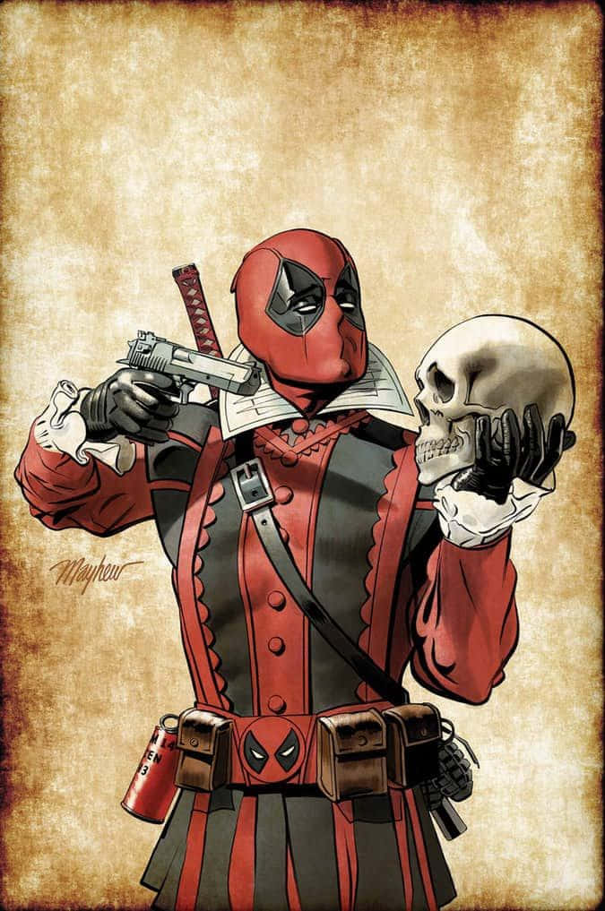 Deadpool, red and black jester outfit, gun, SD Phone Wallpaper