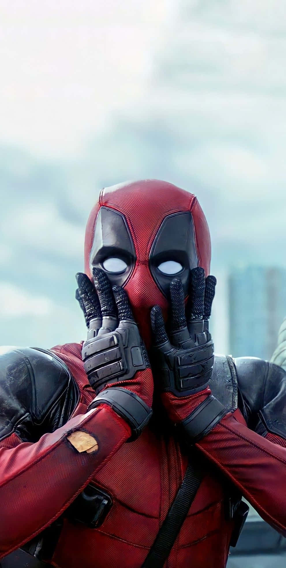 Deadpool, red and black suit, cloudy sky backdrop, Full HD Phone Wallpaper