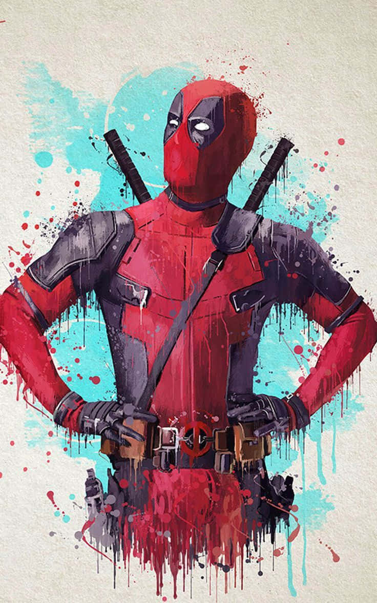 Deadpool, swords, splashy red and teal watercolor background, SD Phone Wallpaper