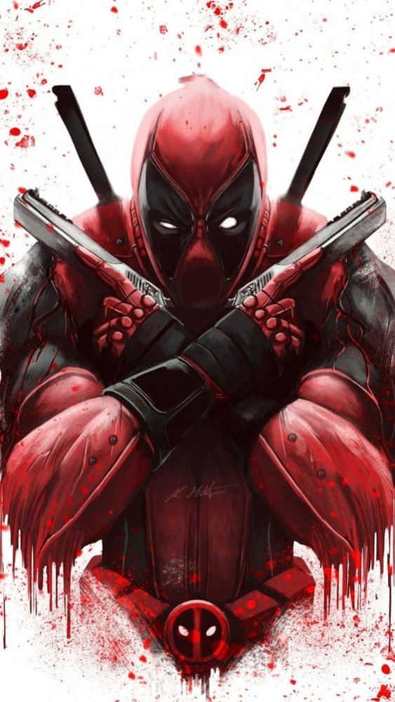 Deadpool, red and black suit, crossed guns, SD Phone Wallpaper