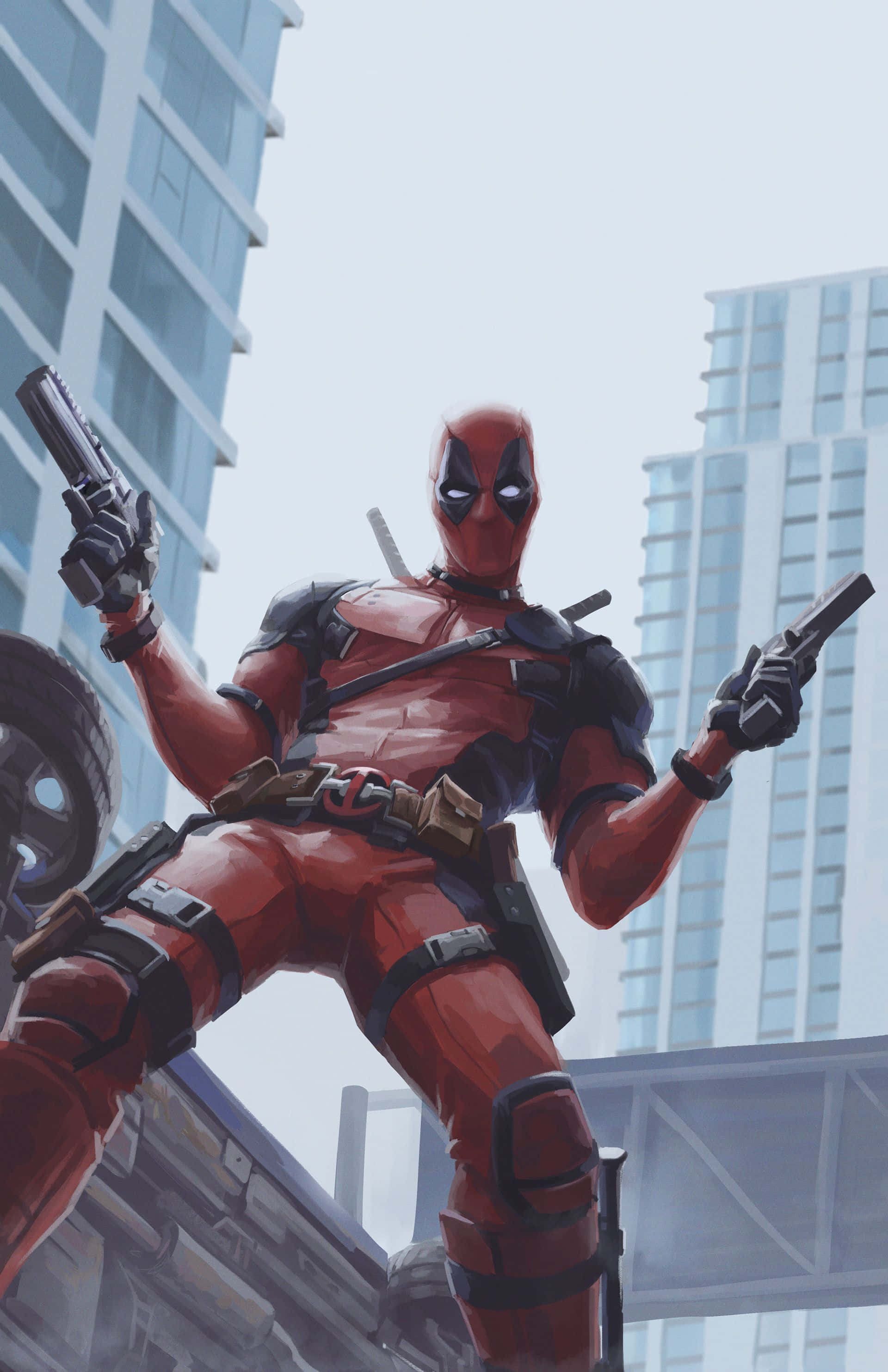 Deadpool, rooftop, cityscape, 2K Phone Wallpaper