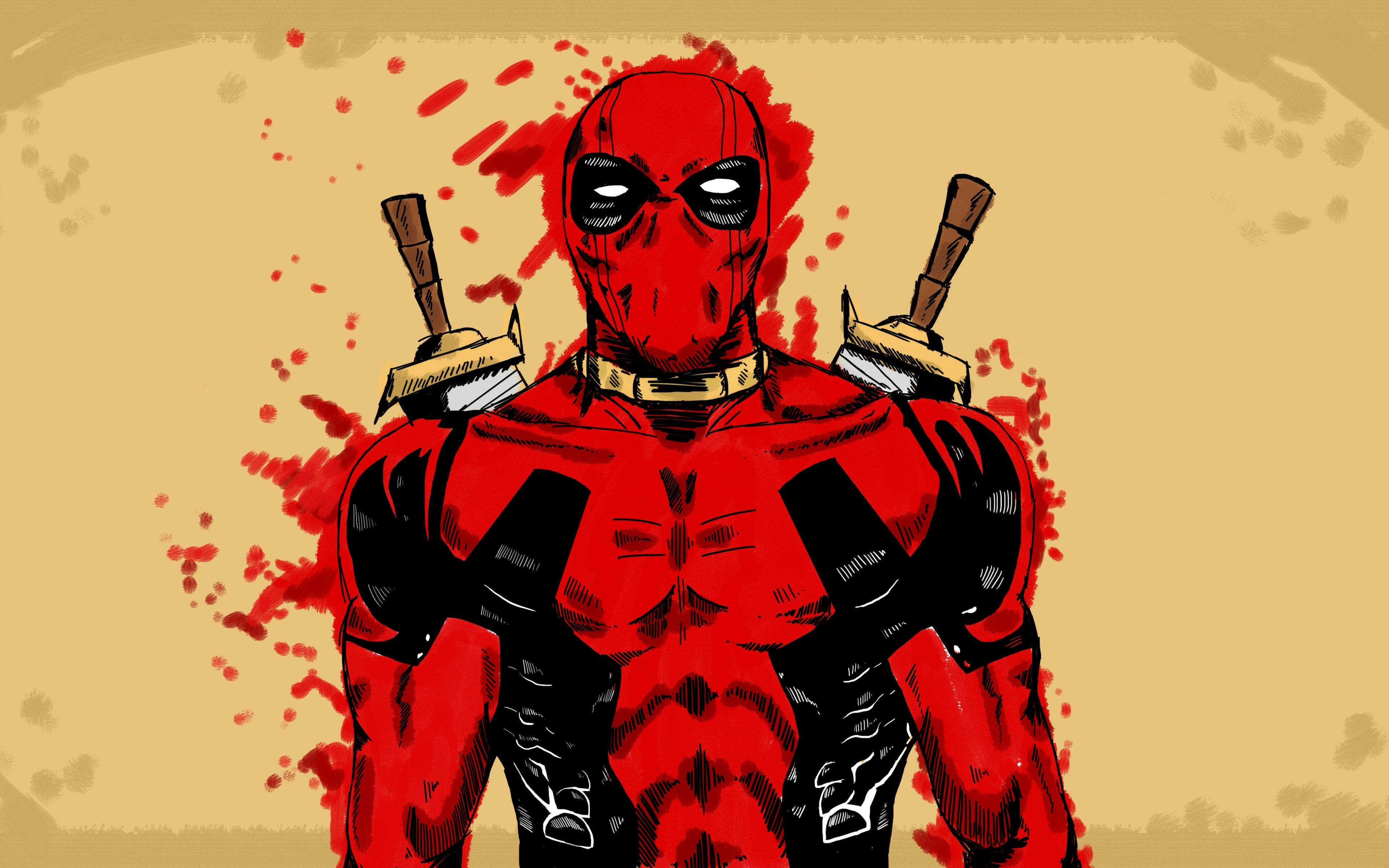 Deadpool, red and black, swords on his shoulders, 4K Desktop Wallpaper