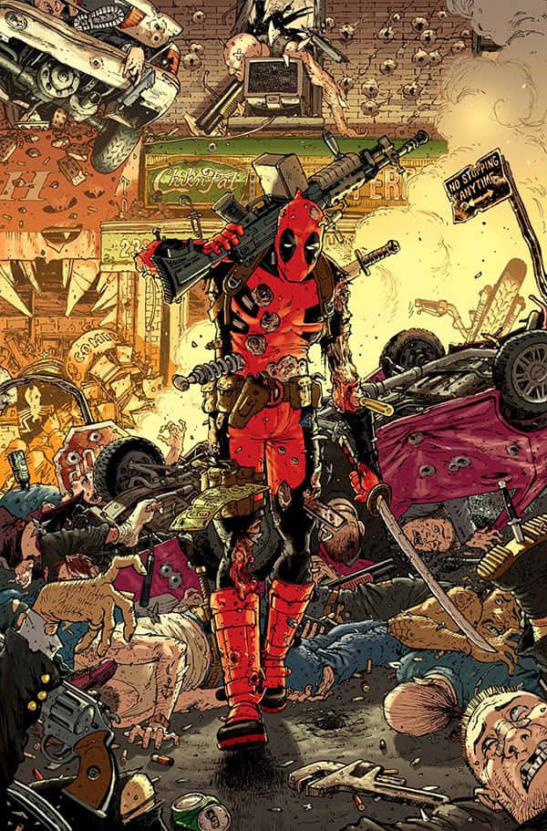 Deadpool, junkyard battlefield, wrecked cars, SD Phone Wallpaper