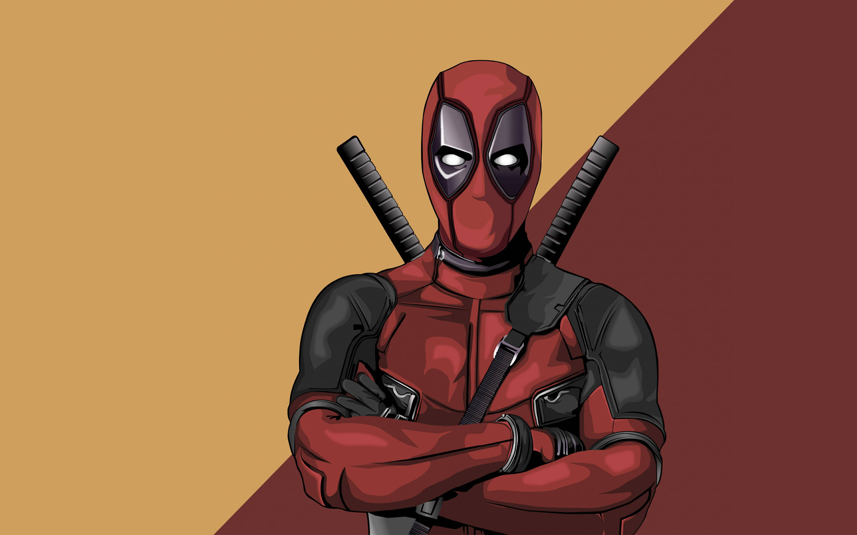 Deadpool, two katanas, split orange and maroon background, 2K Desktop Wallpaper