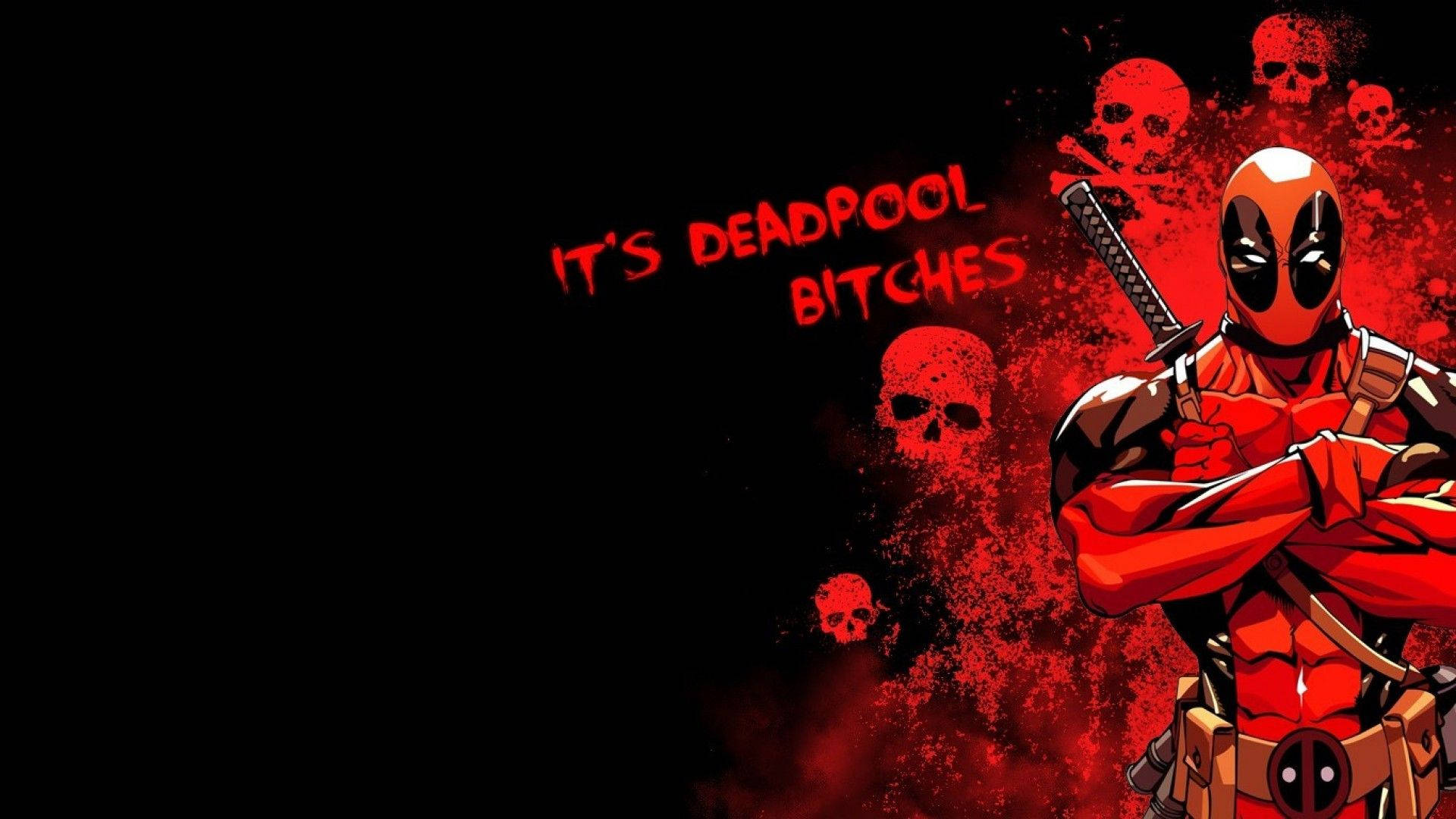 Deadpool, red and black, skulls, Full HD Desktop Wallpaper