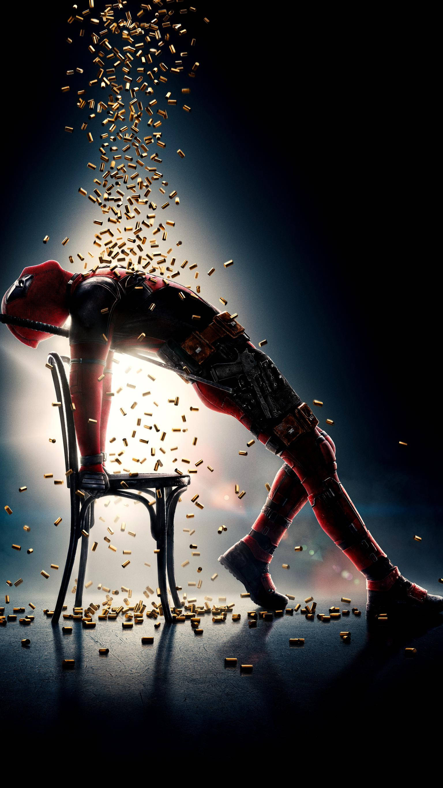 Deadpool, golden bullets, dramatic spotlight, 2K Phone Wallpaper