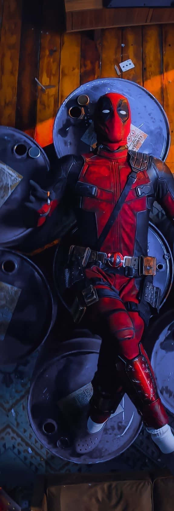 Deadpool, cartoon, stacked metal barrels, HD Phone Wallpaper