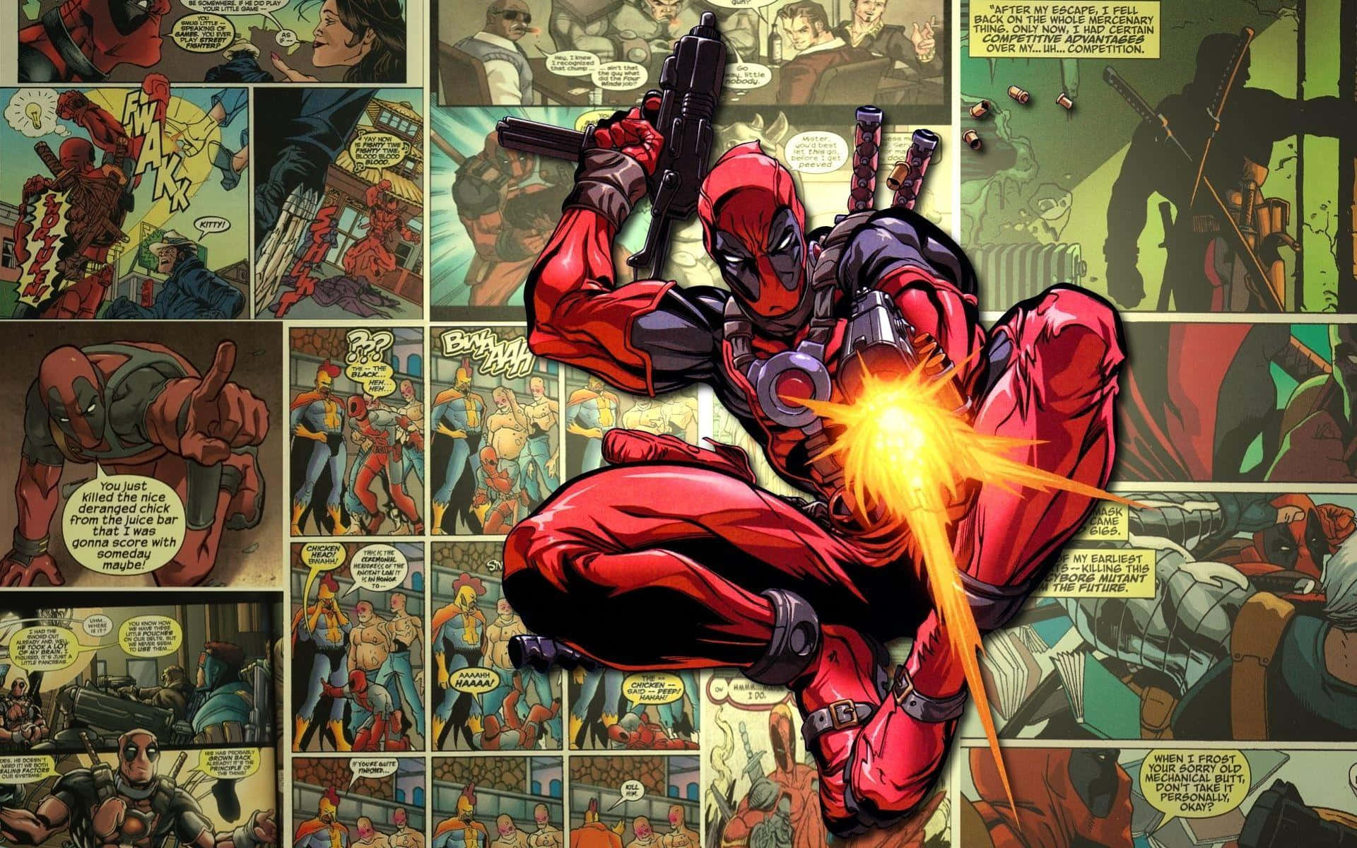 Deadpool, red and black suit, glowing weapon, Full HD Desktop Wallpaper