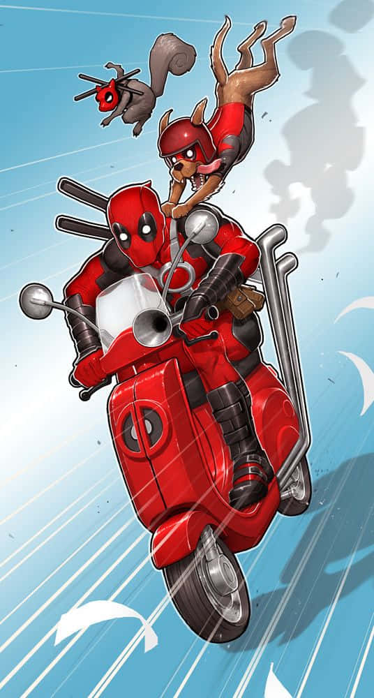 Deadpool, red scooter, dog passenger, SD Phone Wallpaper