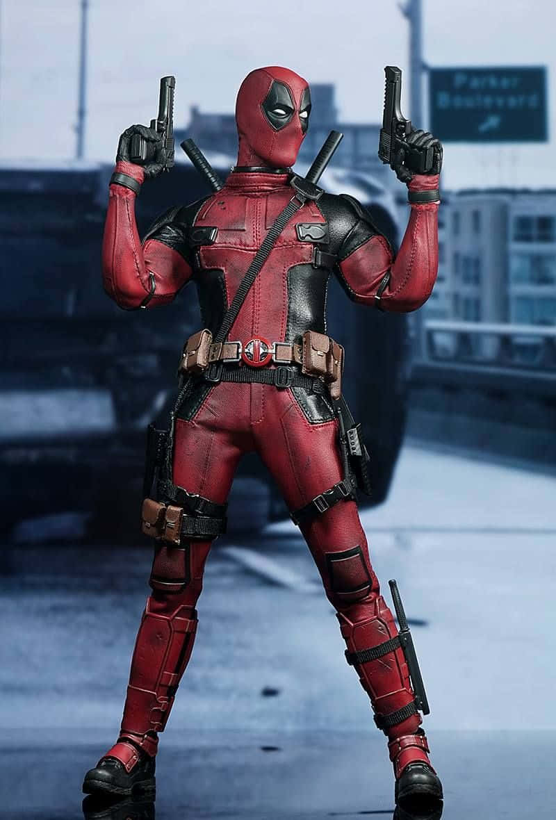 Deadpool, red and black suit, two pistols, SD Phone Wallpaper