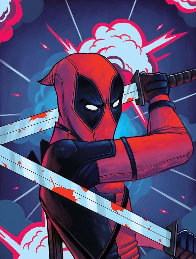 Deadpool, two swords, explosive comic-book style action, SD Phone Wallpaper
