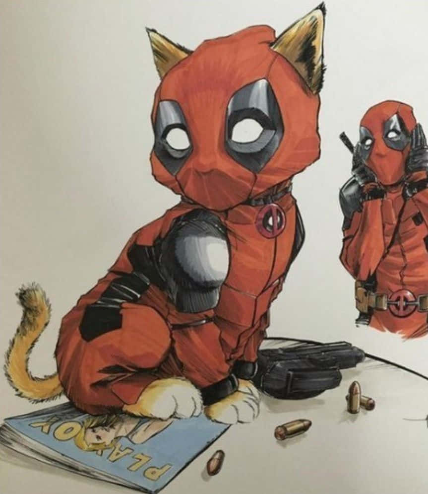 Deadpool, chibi Deadpool cat, red suit, SD Phone Wallpaper