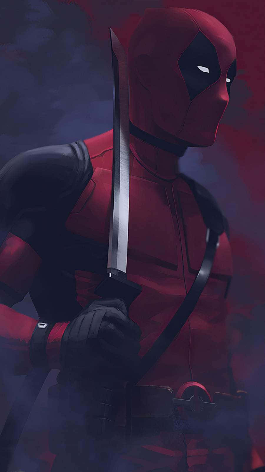 Deadpool, red and black suit, gleaming sword, HD Phone Wallpaper