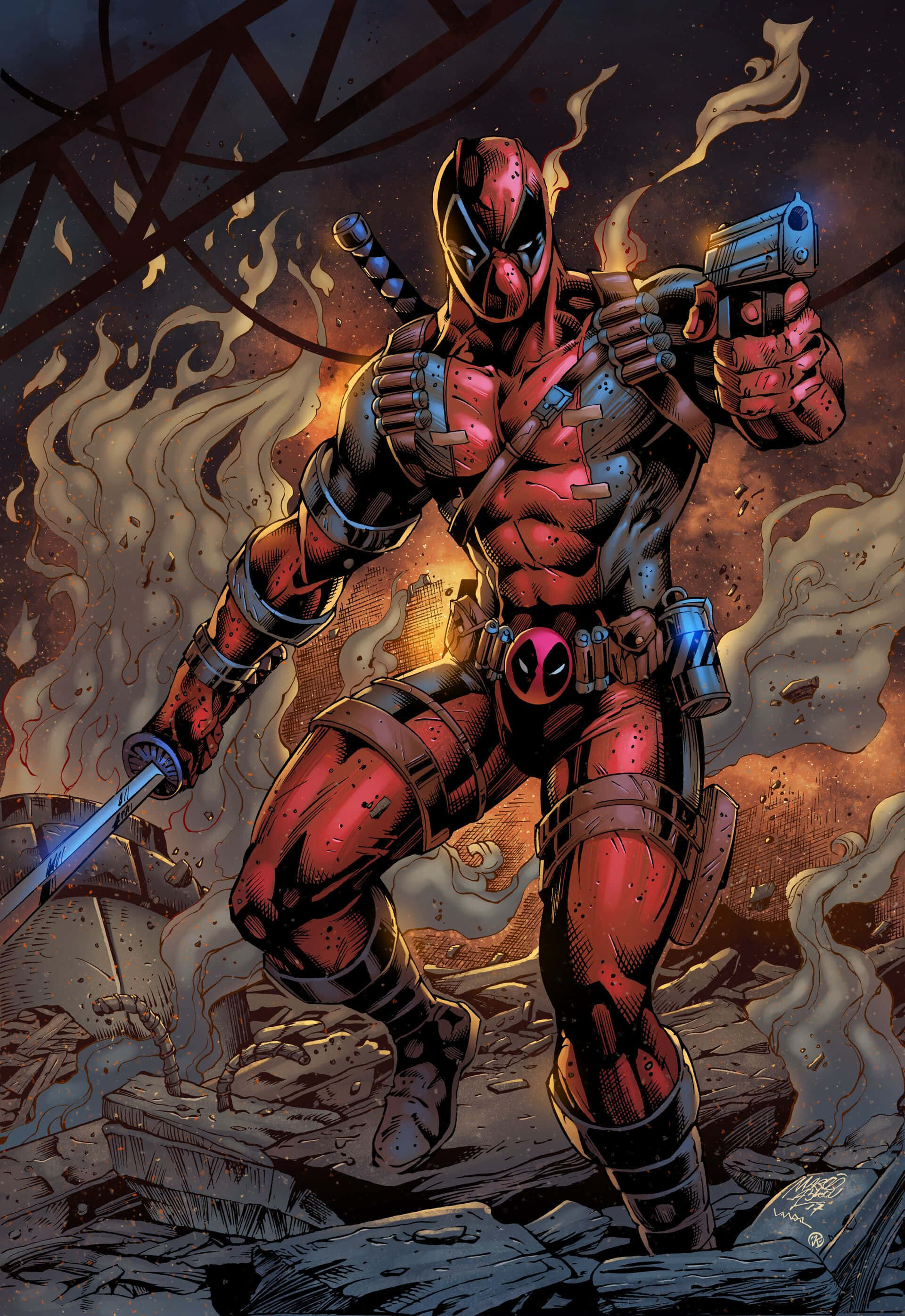Deadpool, sword, pistol, 2K Phone Wallpaper