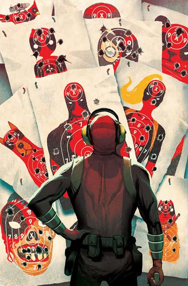 Deadpool, tactical gear, bullet-riddled target sheets, SD Phone Wallpaper