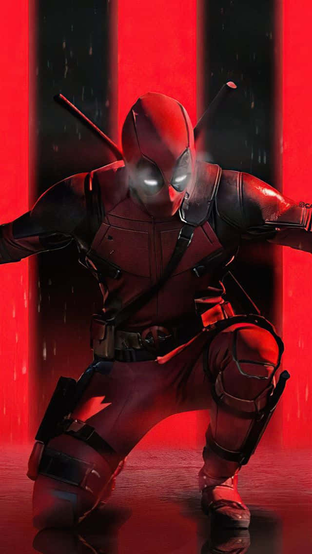 Deadpool, red-lit alley, glowing eyes, SD Phone Wallpaper