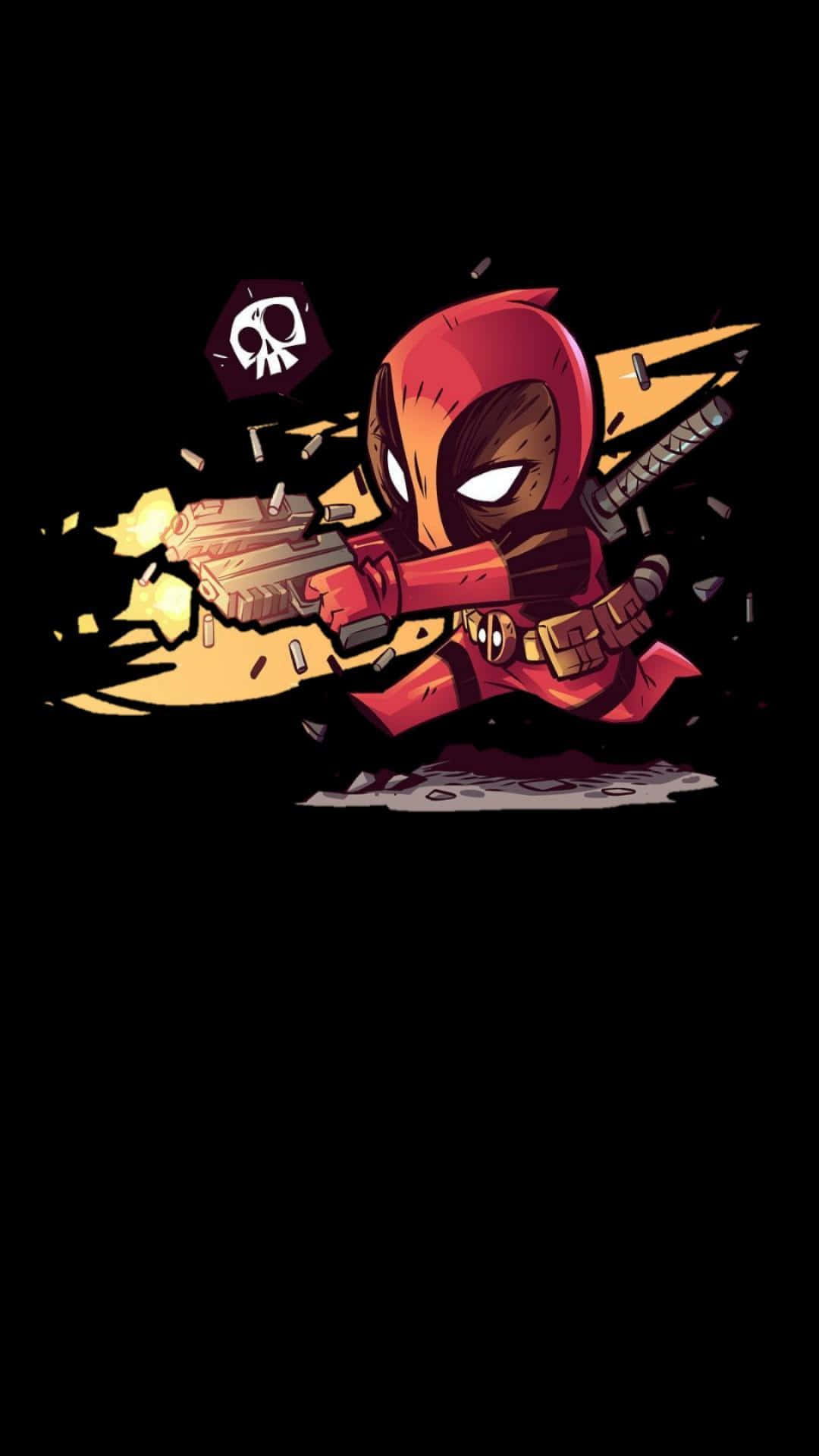 Deadpool, red suit, skull emblem, Full HD Phone Wallpaper