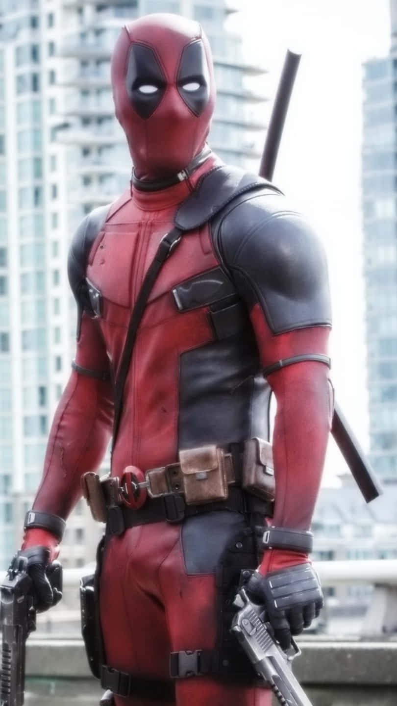 Deadpool, red and black suit, cityscape, HD Phone Wallpaper