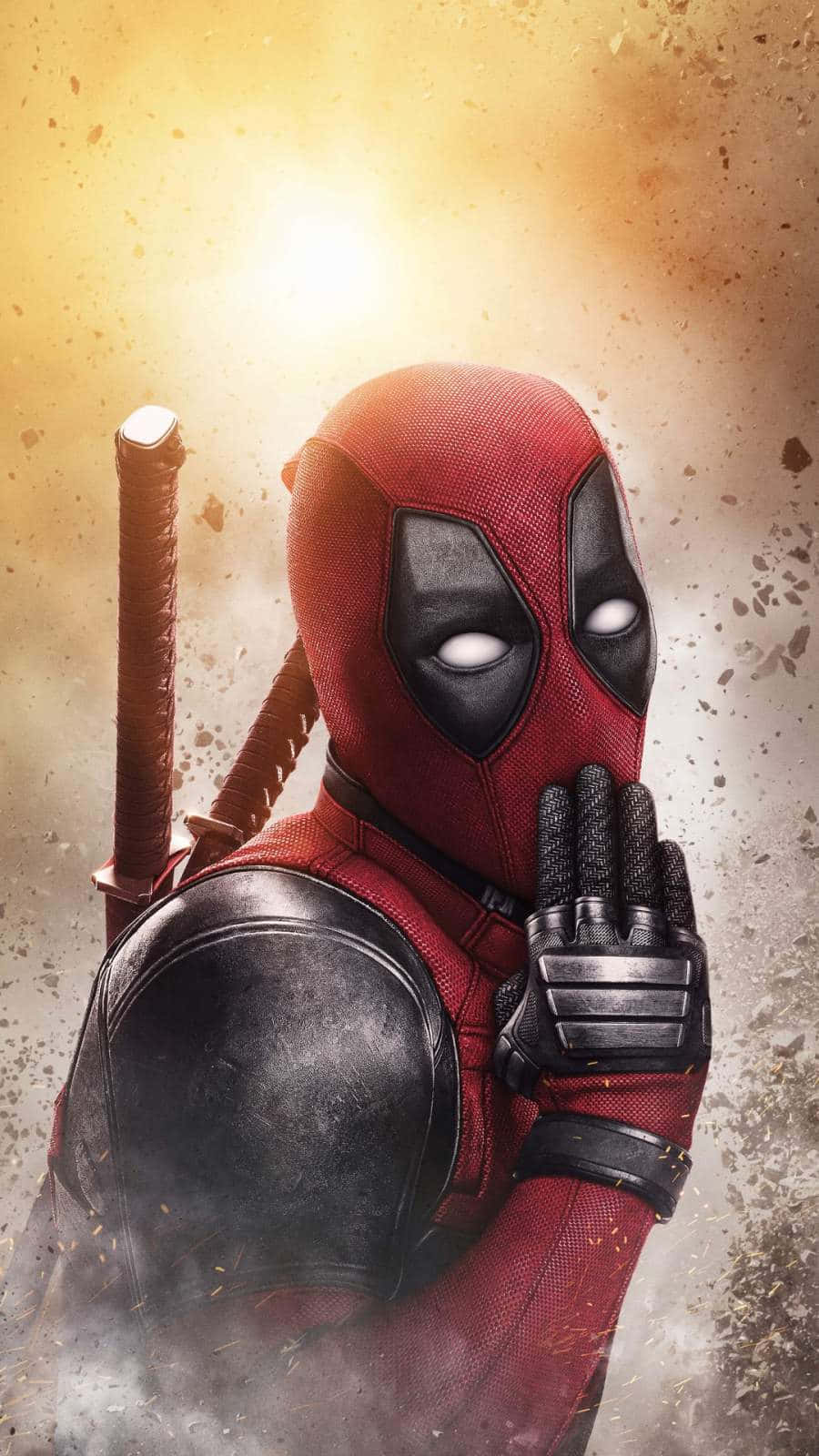 Deadpool, red and black suit, golden explosion backdrop, HD Phone Wallpaper