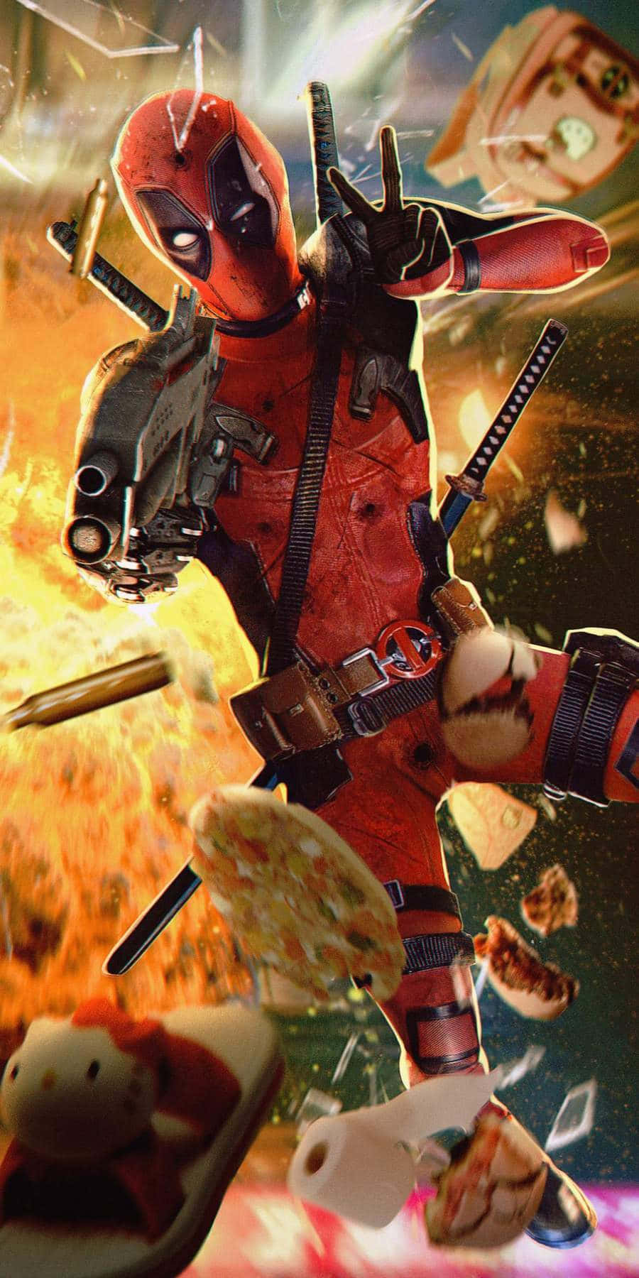 Deadpool, red suit, exploding pizza, HD Phone Wallpaper