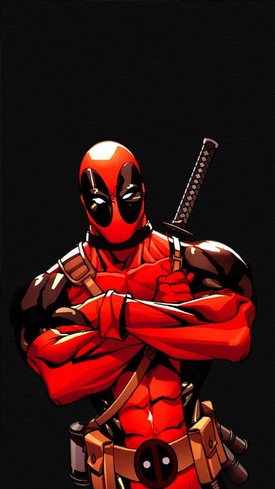 Deadpool, red and black suit, black background, Full HD Phone Wallpaper