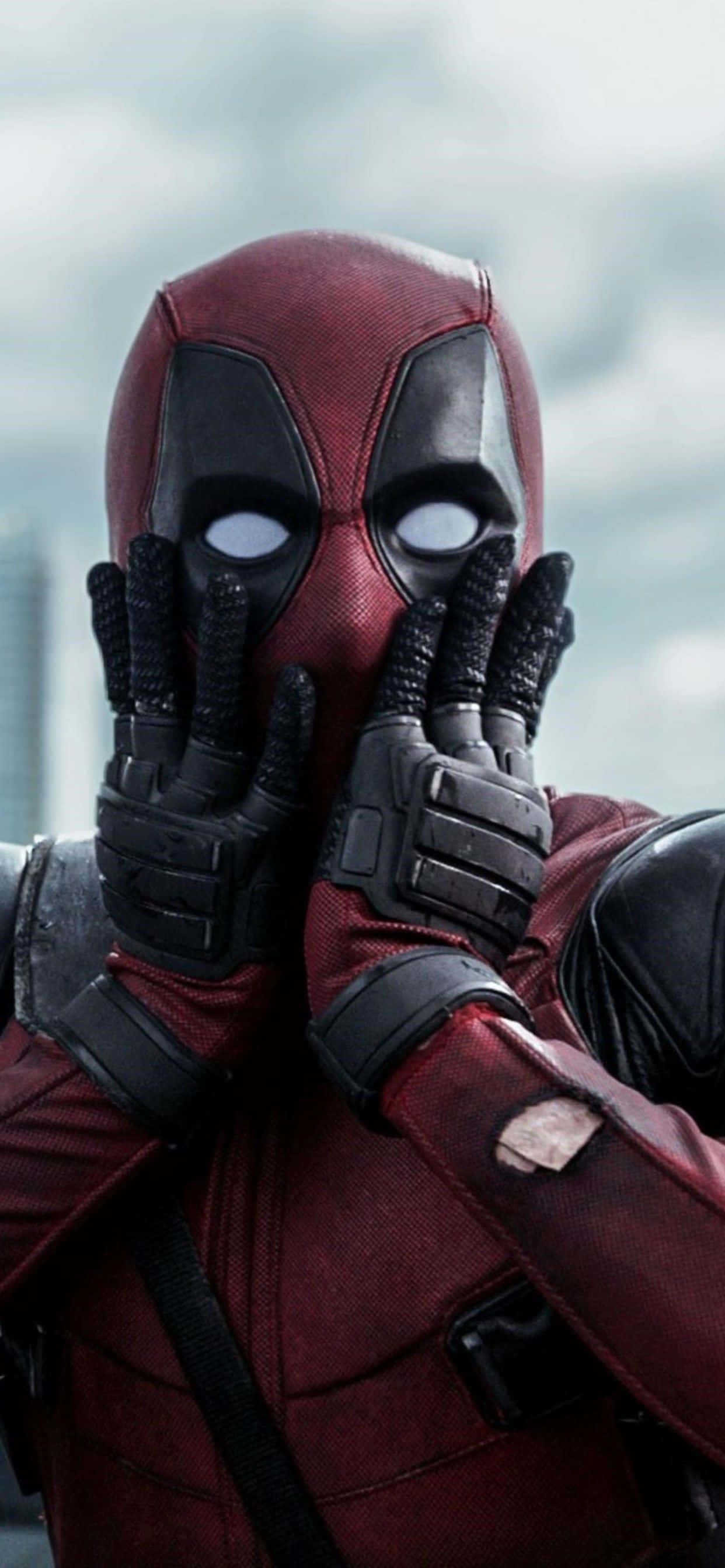 Deadpool, red and black suit, cloudy sky, 2K Phone Wallpaper