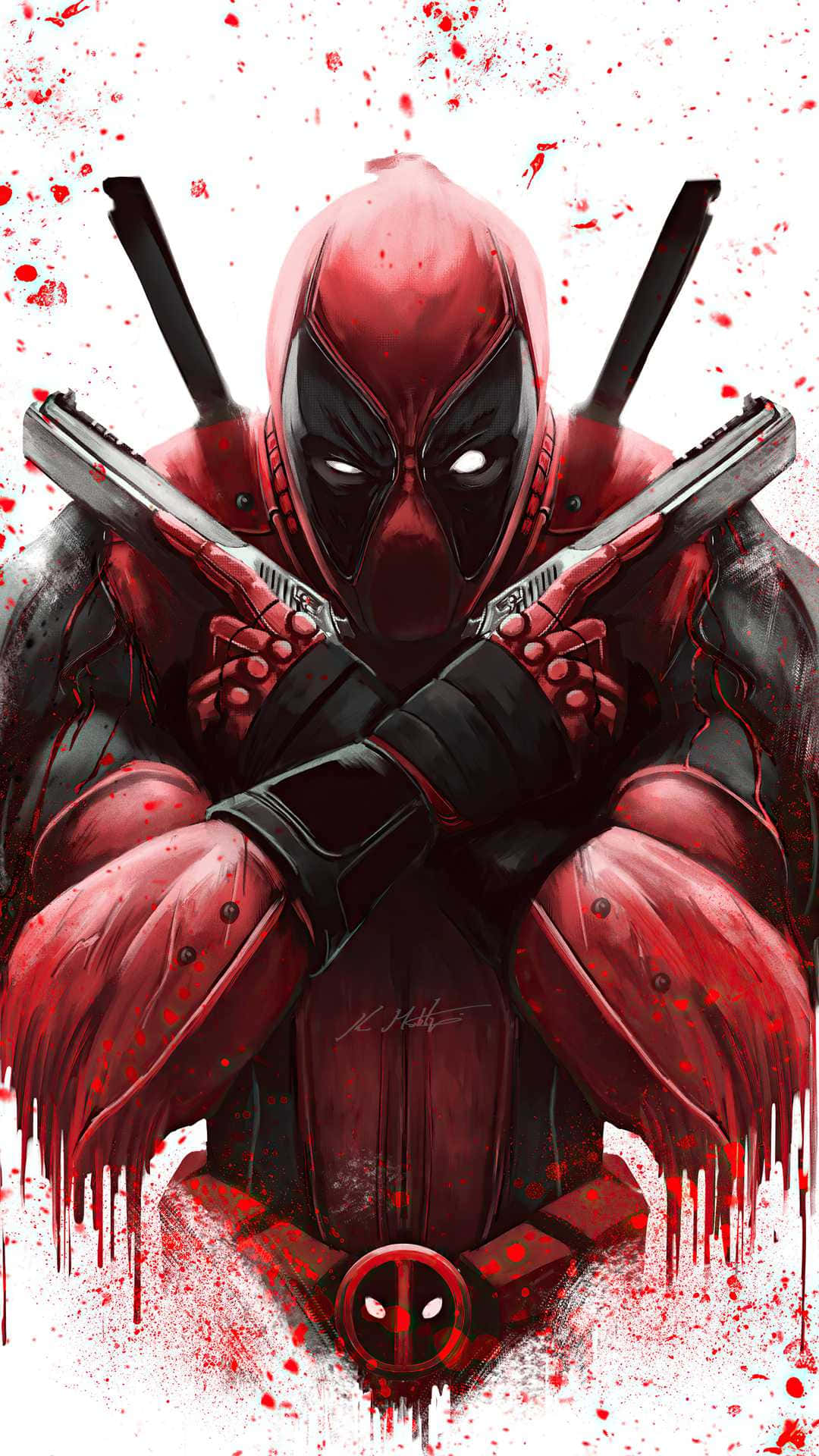 Deadpool, crossed guns, blood splatters, Full HD Phone Wallpaper