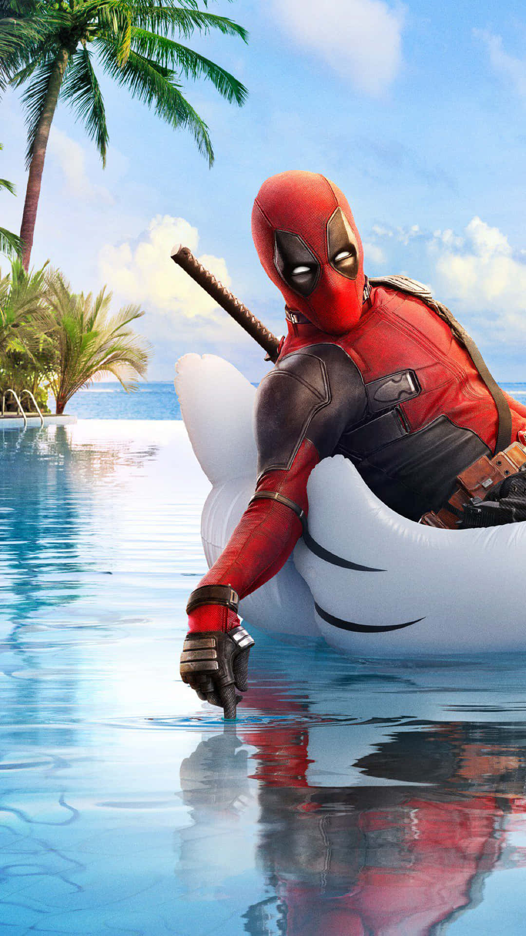 Deadpool, shark-shaped float, tropical infinity pool, Full HD Phone Wallpaper