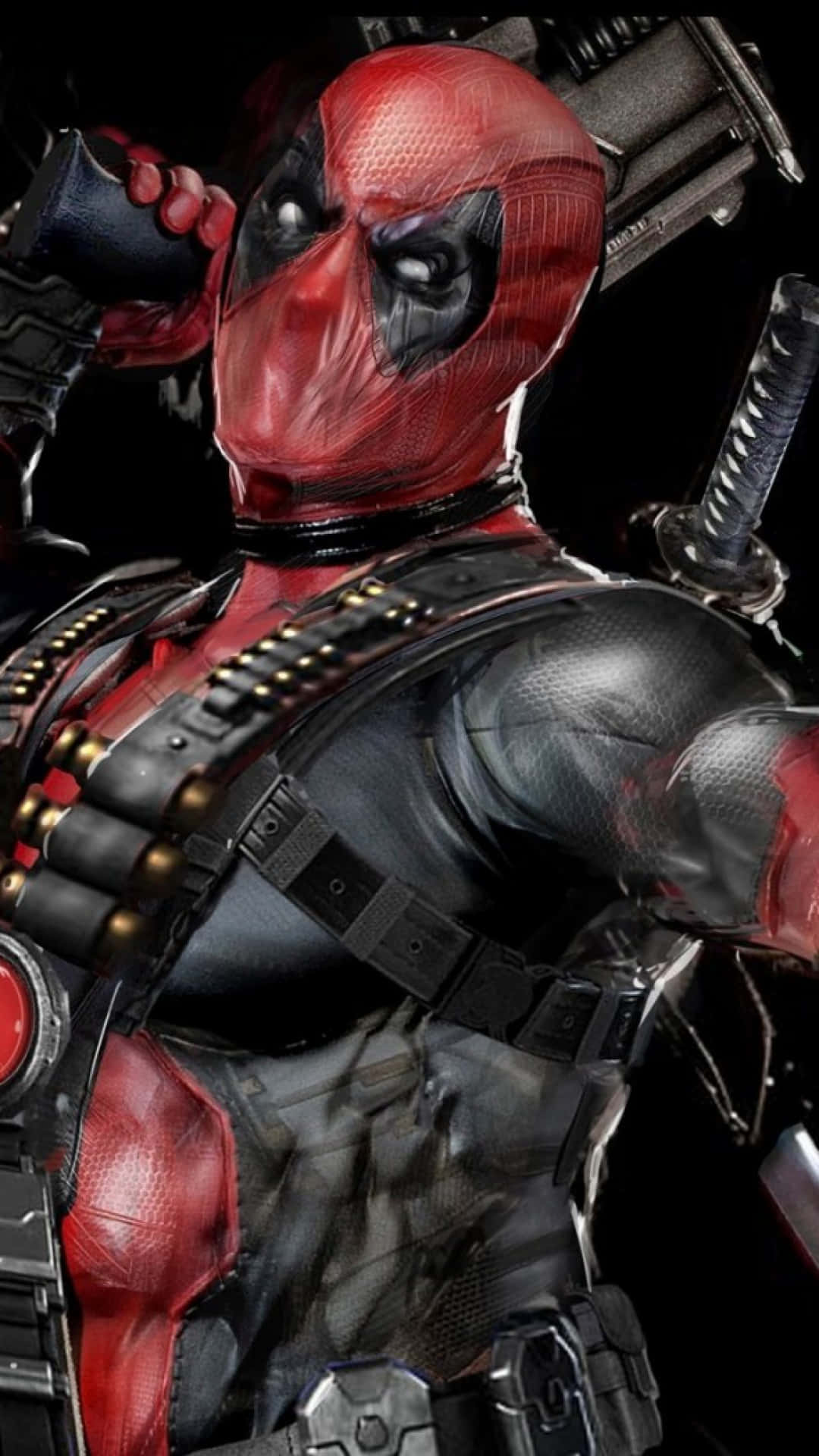 Deadpool, red and black suit, gun, Full HD Phone Wallpaper