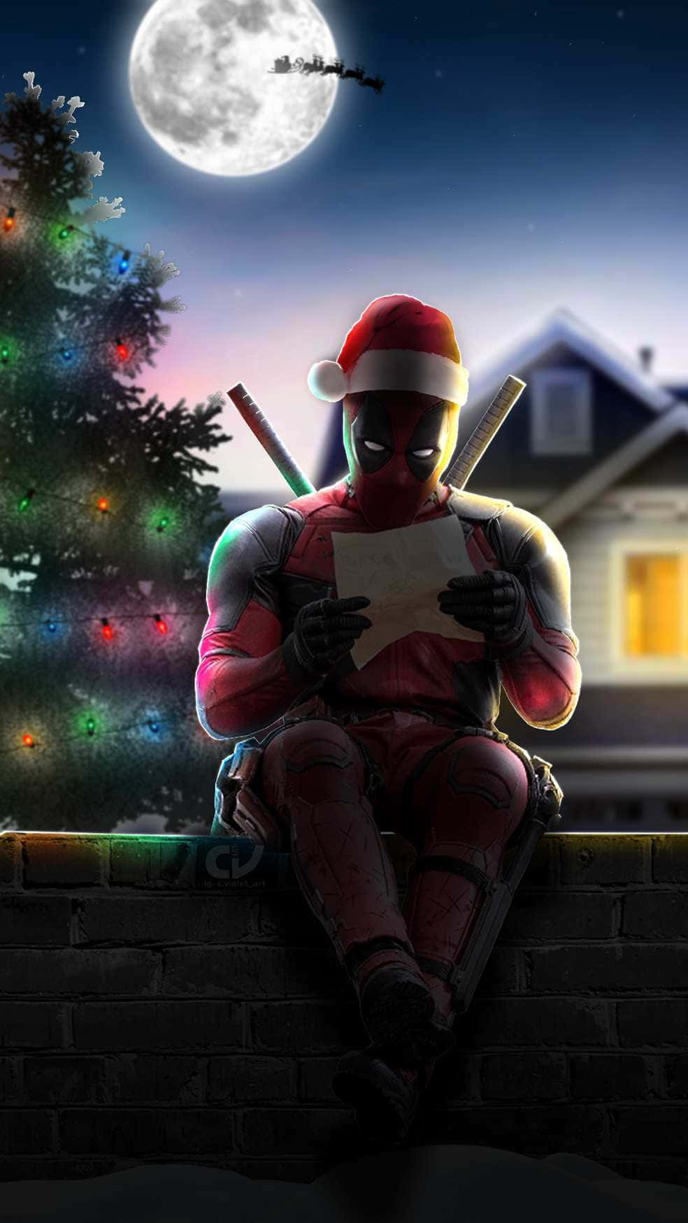 Deadpool, Santa hat, brick wall, HD Phone Wallpaper